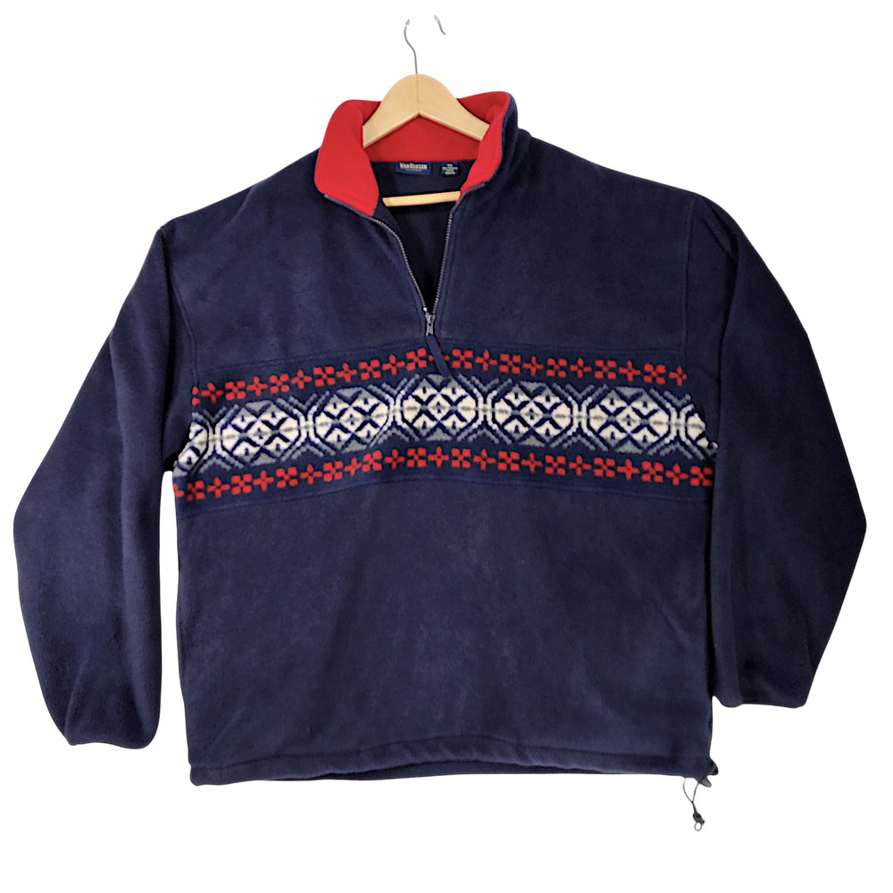 Van Heusen XXL Mens 1/4 Fleece Pullover Red White Blue Fair Isle USA Geometric